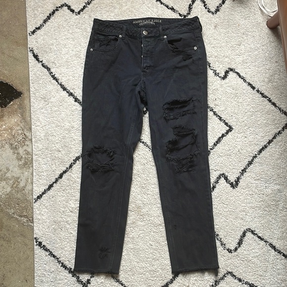 American Eagle Ripped High Waisted Boyfriend Black Denim Jeans - Picture 1 of 8